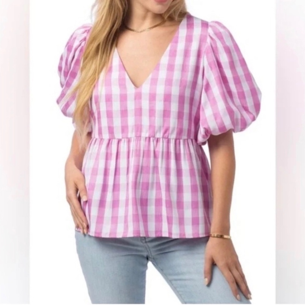 Crosby by Mollie Birch Gingham Statement Sleeve Blouse